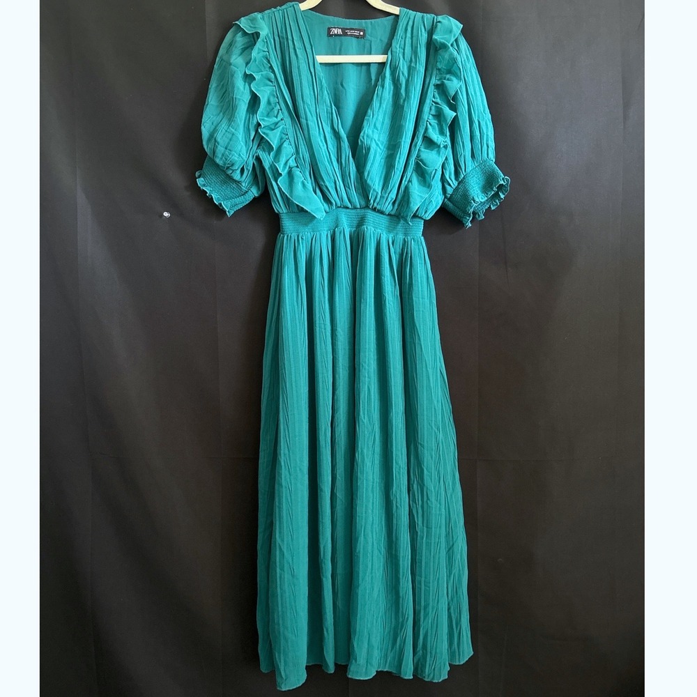 Zara Pleated Maxi Dress M Teal Green Cottagecore Ruffle Fairy Whimsical Boho Fem